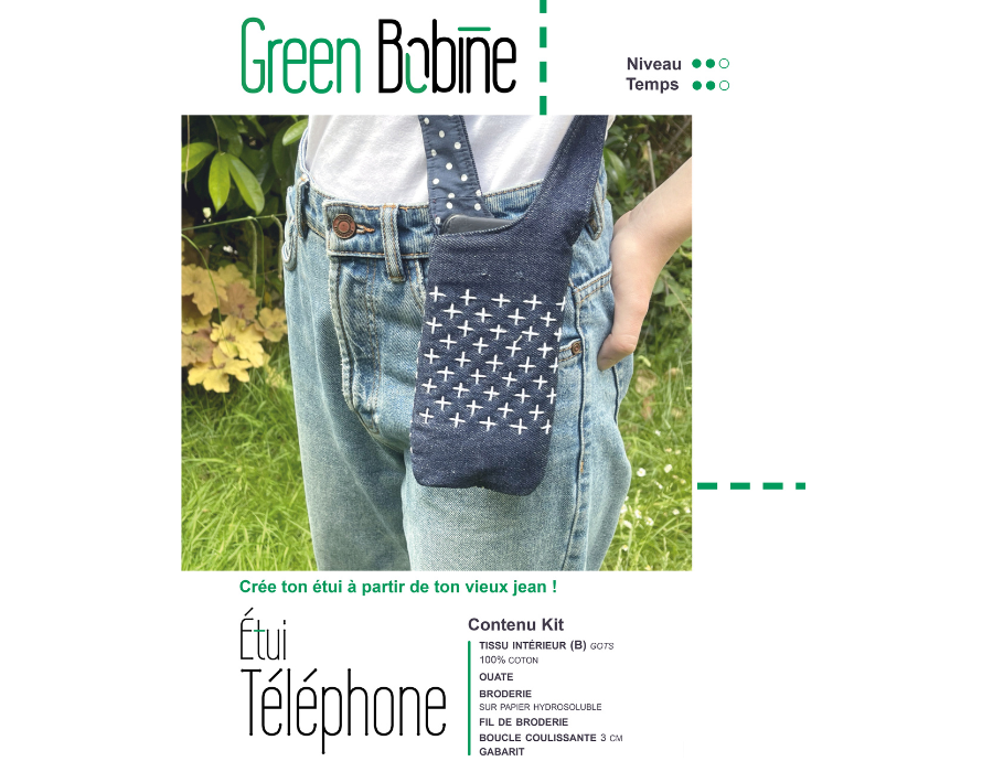 Etui téléphone en jean recyclé, brodé avec doublure écrue